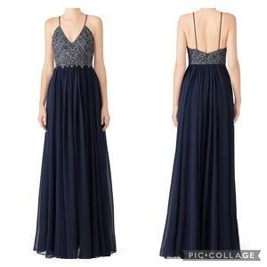 Badgley Mischka Navy Blue Ballerina Gown Long Maxi Dress Sleeveless Sz 6
